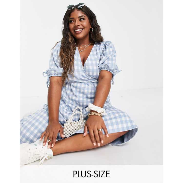 River Island Plus textured gingham plaid midi dress in light blue