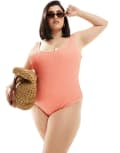 River Island Plus textured swimsuit in coral-Orange