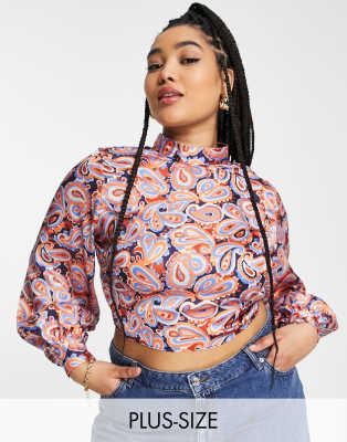 River Island Plus tie back blouse in orange paisley | ASOS