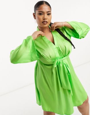 River Island Plus Tie Front Satin Dress In Green