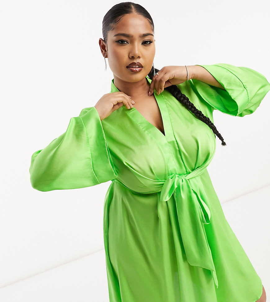 River Island Plus tie front satin dress in green