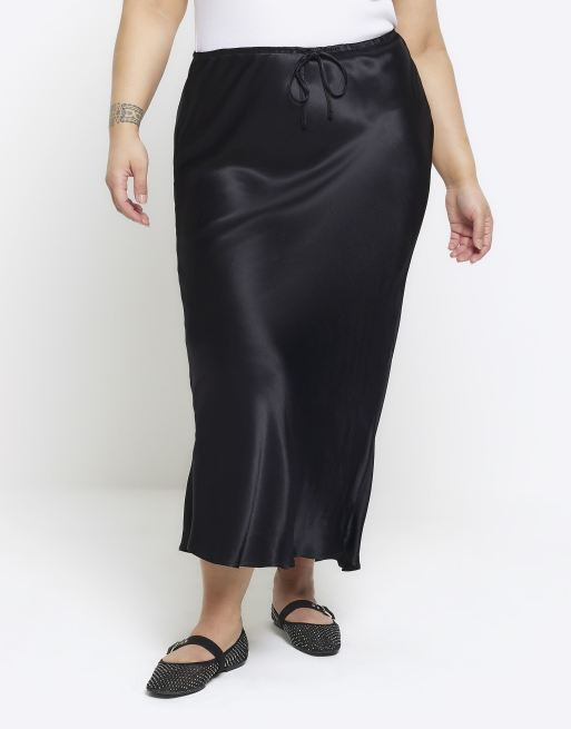 River Island plus tie waist bias cut midi skirt in black ASOS