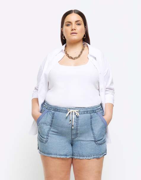 River Island Plus tie waist denim shorts in mid blue wash - view 1