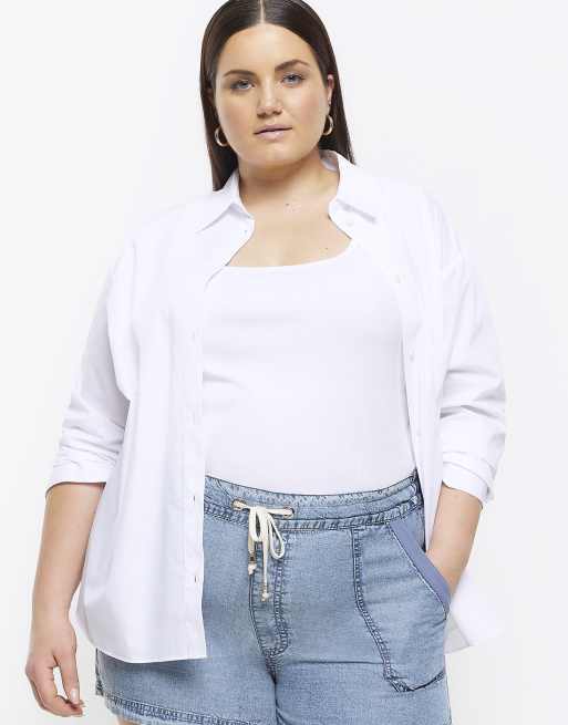 River Island Plus tie waist denim shorts in mid blue wash ASOS