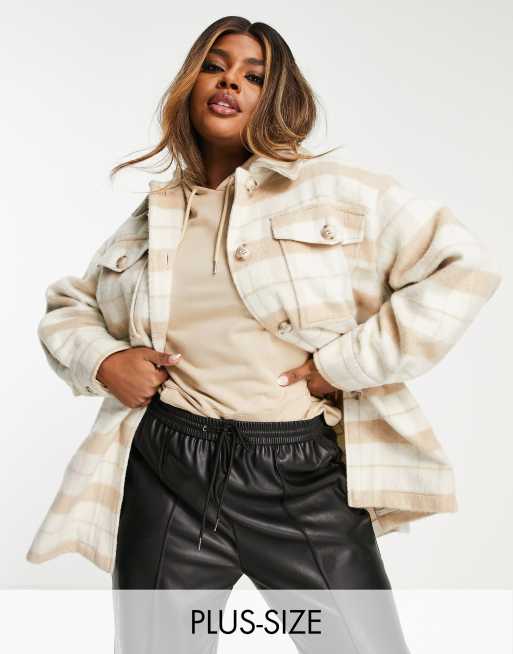 River Island Plus tie waist overshirt in beige check ASOS