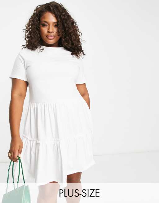 River Island Plus tiered smock mini dress in white