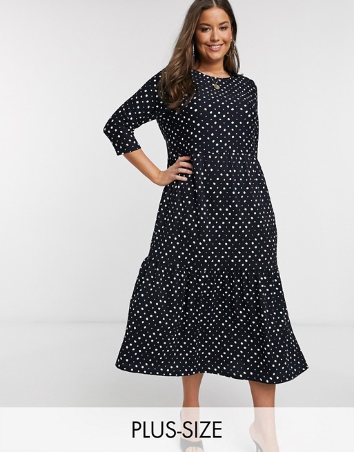 River Island Plus tiered spotted maxi dress in navy