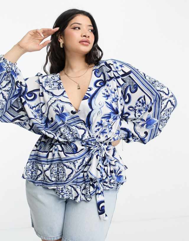 River Island Plus tile print kimono top in blue