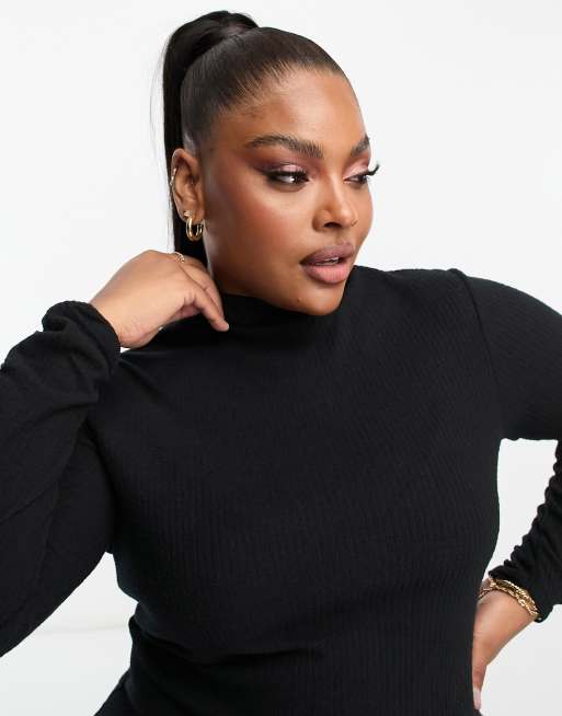 River Island Plus - Top met col en lange mouwen in zwart