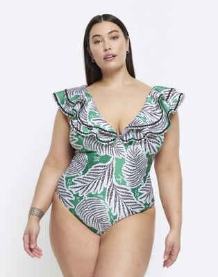 River Island Plus tropical print frill swimsuit in green