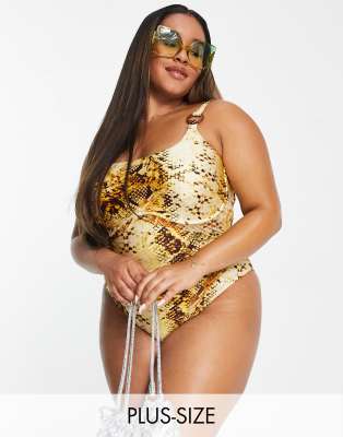 River Island Plus underwire mesh snake swimsuit in amber