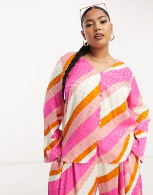 River Island Plus v neck blouse in bright pink stripe  - ASOS Price Checker