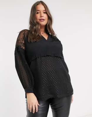 River Island Plus v-neck lace frill blouse in black