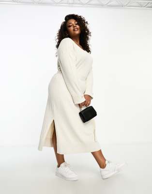 River Island Plus River Island Plus v-neck midi dress with belt detail in light beige-Neutral