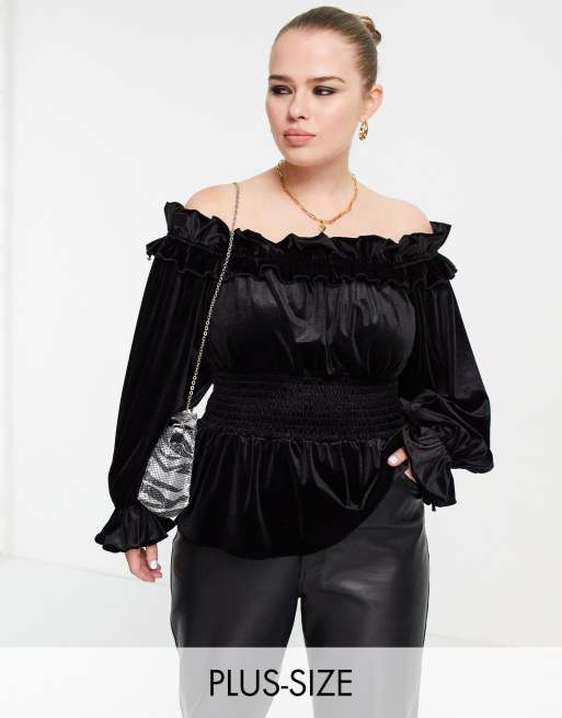 River Island Plus velvet ruffle bardot blouse with shirred waist in ...