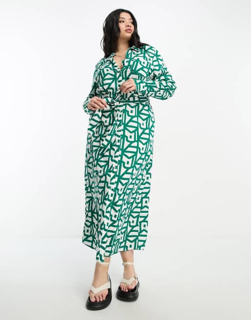 River Island Plus - Vestito camicia midi verde con stampa geometrica