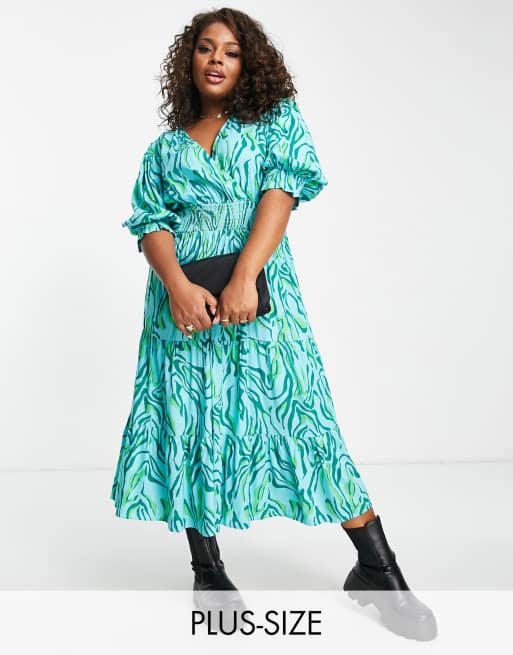 River Island Plus - Vestito midi arricciato blu acceso con stampa astratta