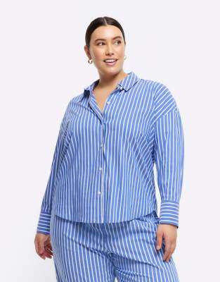 River Island Plus wide cuff stripe shirt in mid blue