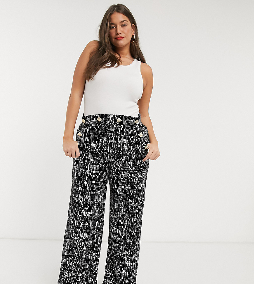 Plus-size trousers by River Island Très chic Abstract print High-rise waist Gold-tone, faux-button detail Side pockets Zip-side fastening Wide leg Regular on the waist