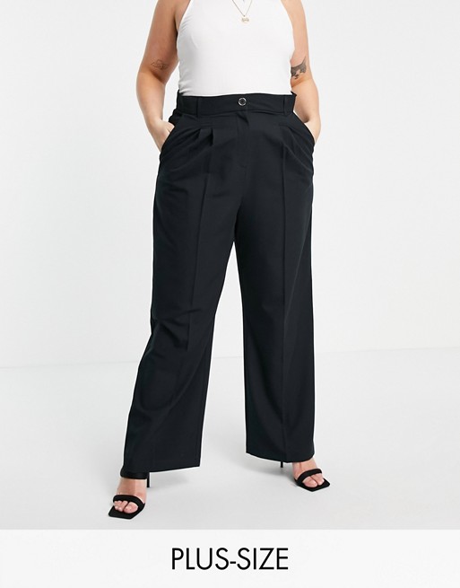 River Island Plus wide leg pleated tailored trousers in black