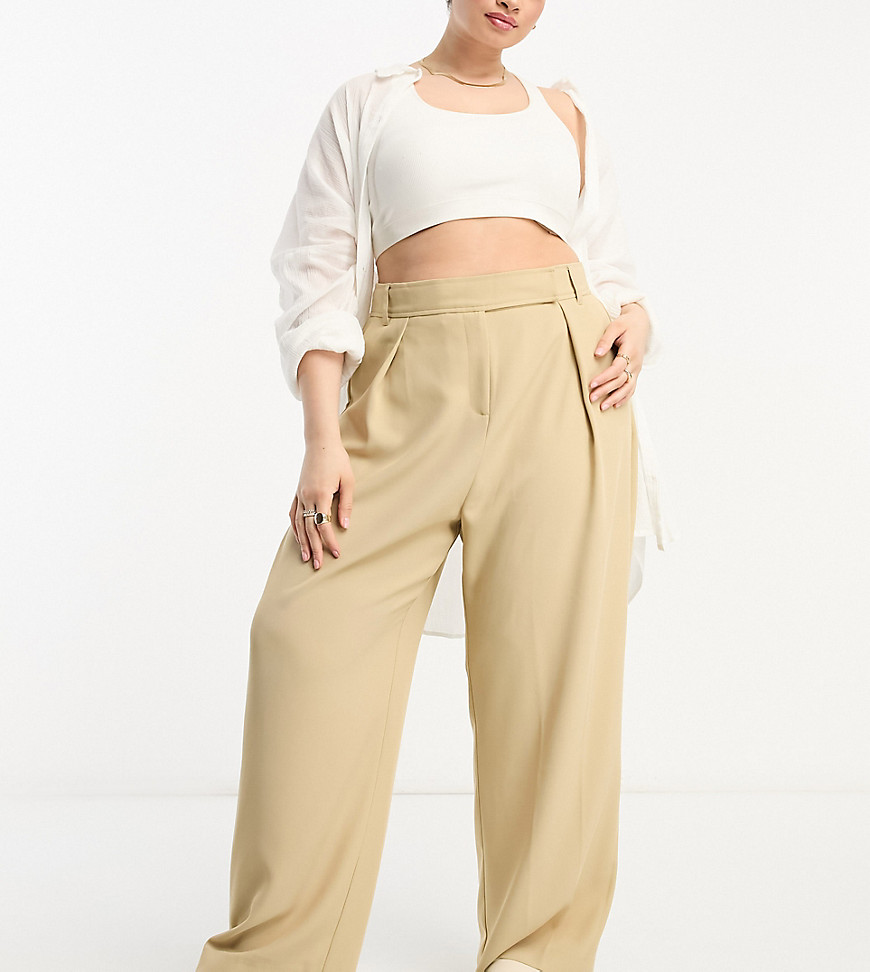 River Island Plus wide leg tailored dad trouser co-ord in beige-Neutral