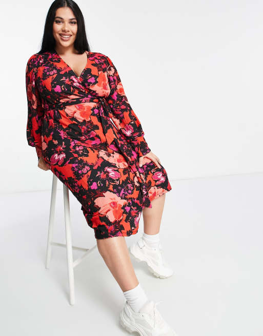 River Island Plus Wikkeljurk met bloemenprint in rood ASOS