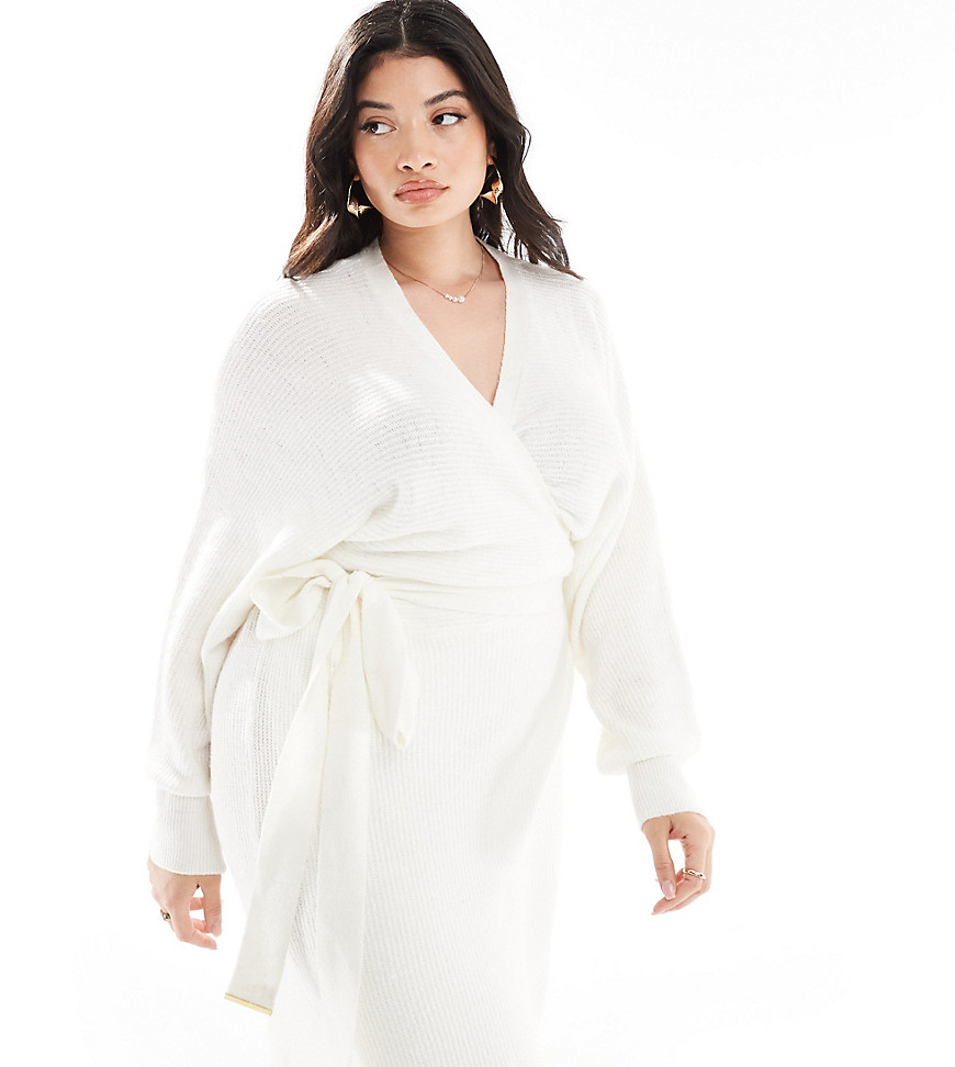 River Island Plus Wrap Belted Knit Midi Dress In Cream-white