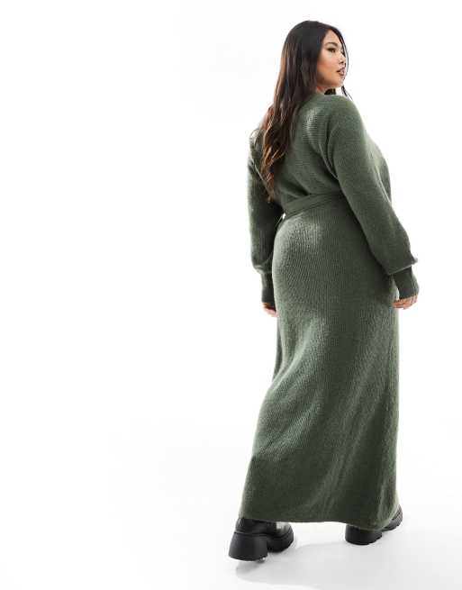 River Island Plus wrap belted midi knit dress in khaki | ASOS