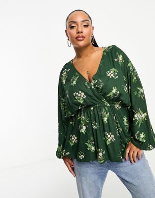 River Island Plus Wrap Floral Wrap Top In Green