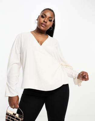 River Island Plus Wrap Front Blouse In Cream-white