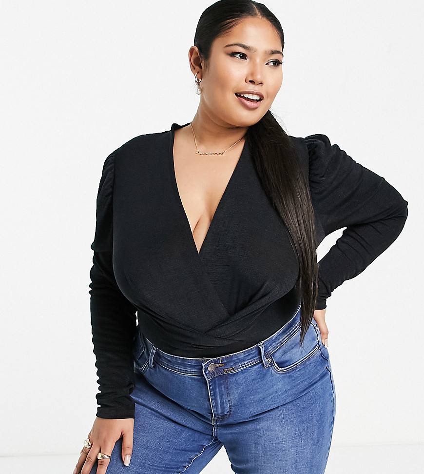 Plus-size bodysuit by River Island Not just any body Fixed-wrap design Plunge neck Long sleeves Brief cut Bodycon fit