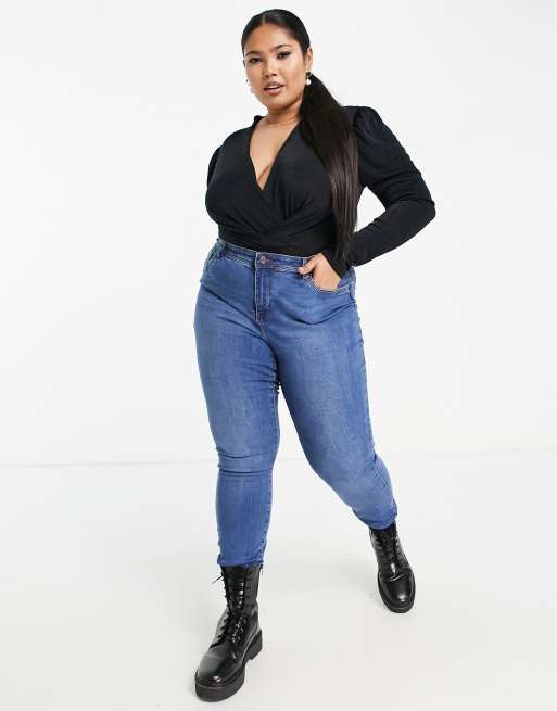 River Island Plus wrap front bodysuit in black, 4 of 4