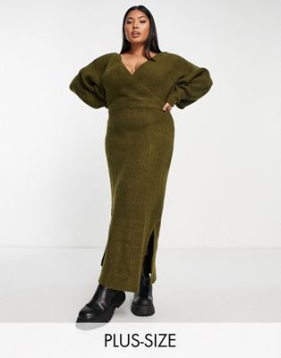 River Island Plus wrap knitted maxi dress in khaki