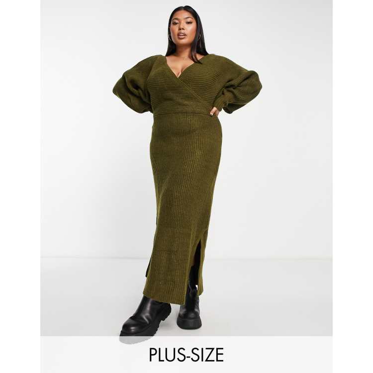 River Island Plus wrap knitted maxi dress in khaki | ASOS