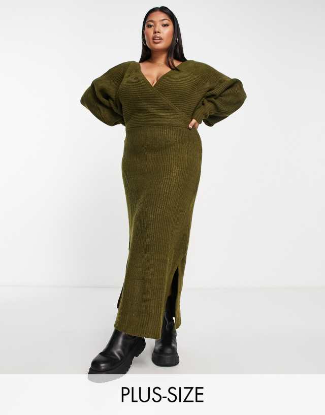 River Island Plus - wrap knitted maxi dress in khaki