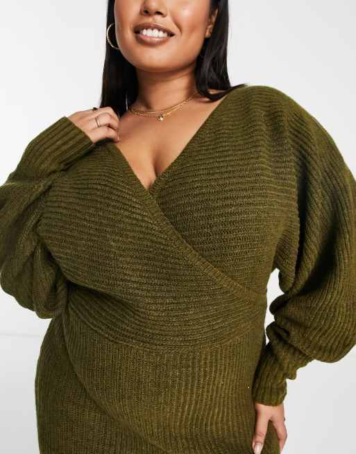 ASOS EDITION knitted wrap blouson sleeve wrap maxi dress in khaki