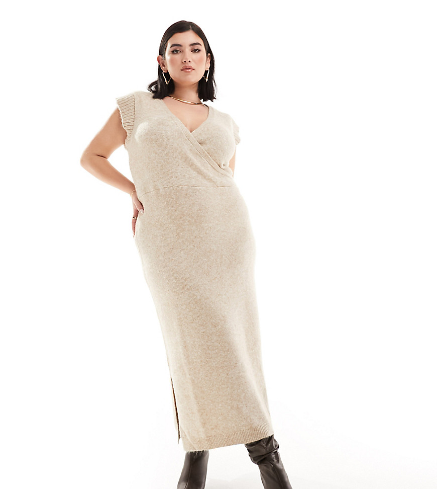 River Island Plus Wrap Midi Knit Dress In Beige-neutral