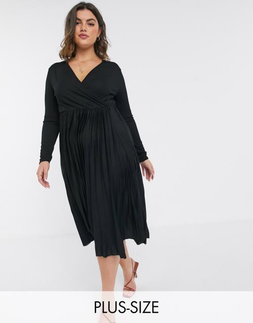 River Island Plus wrap pleated midi dress in black | ASOS