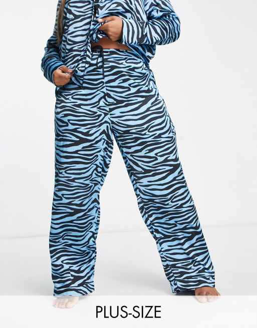 River Island Plus zebra satin pajama pants and shirt in blue ASOS