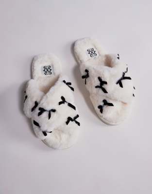 River Island Plush Cross Strap Slippers With Bows In Multi