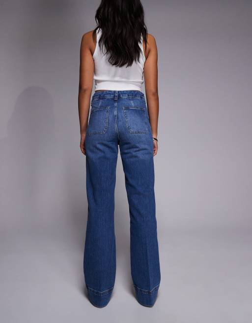 River Island pocket detail wide leg jeans in medium denim, 2 of 5