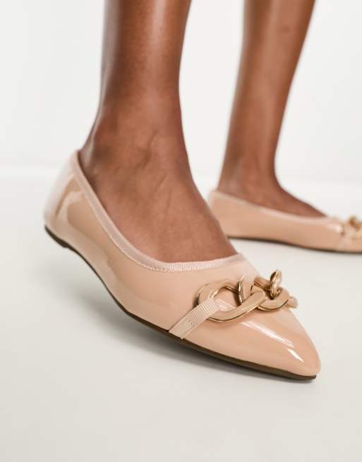 River Island pointed chain detail ballerina shoe in beige