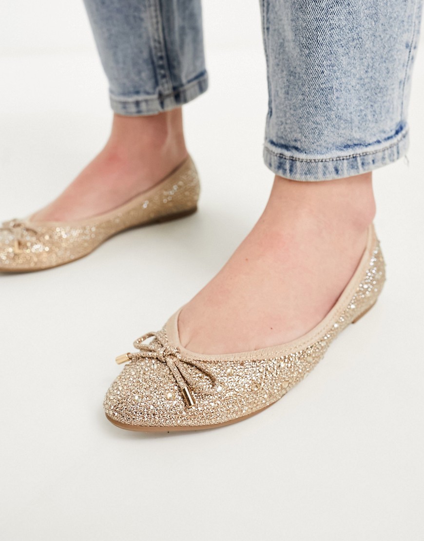 pointed heatseal detail ballet flats in gold