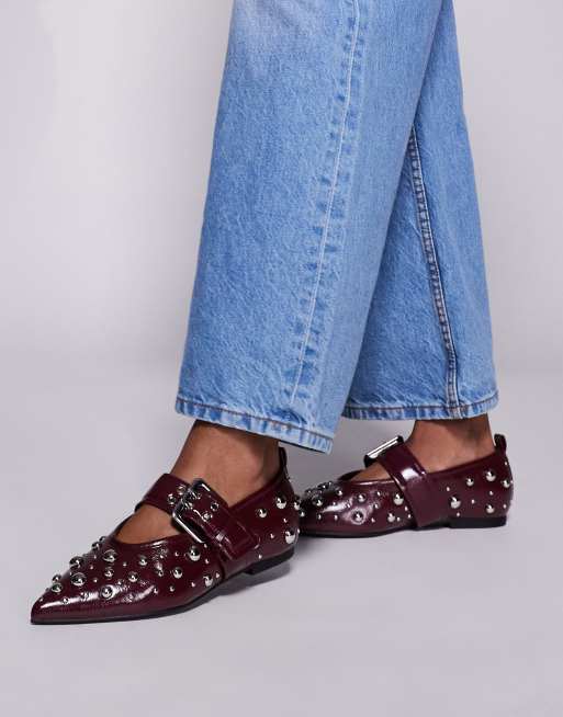 River Island pointed mary jane ballet with studded detail in burgundy, 3 of 4