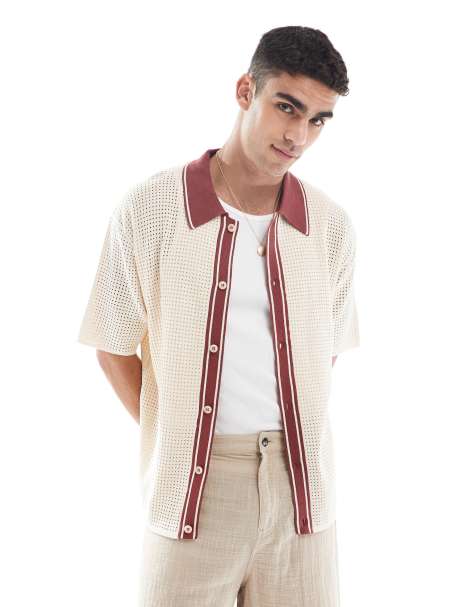 River Island pointelle shirt in ecru and brown