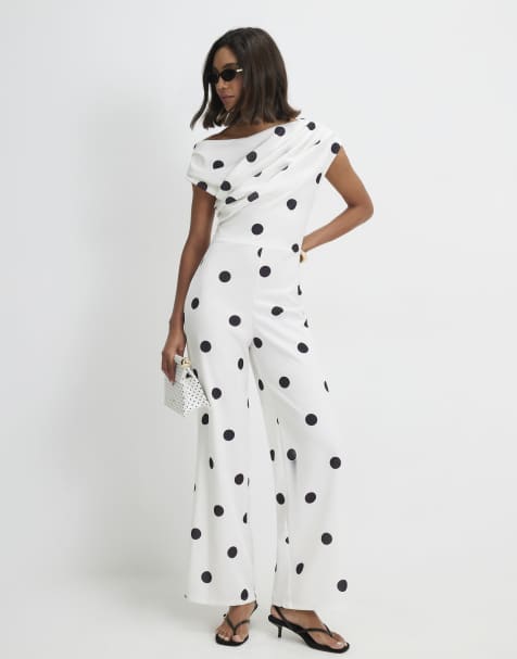 River Island Polka dot draped jumpsuit in white - view 1