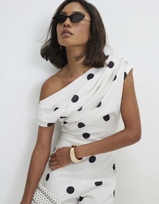 River Island Polka dot draped jumpsuit in white, 3 of 4