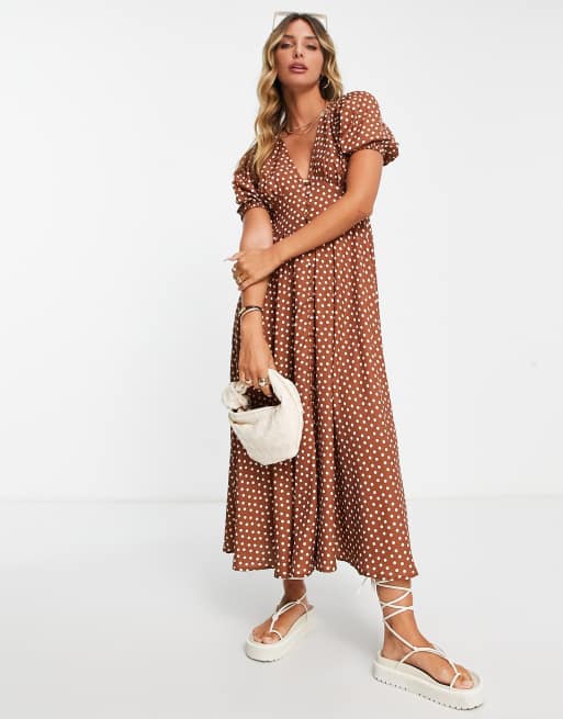 River Island polka dot midi dress in brown ASOS