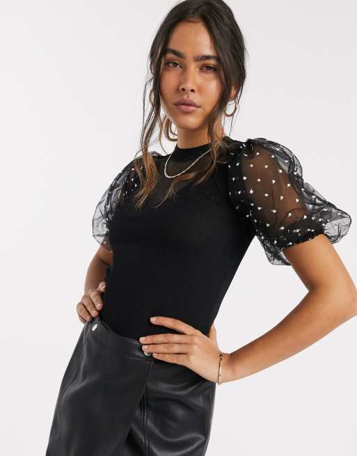 River Island polka dot organza sleeve top in black | ASOS