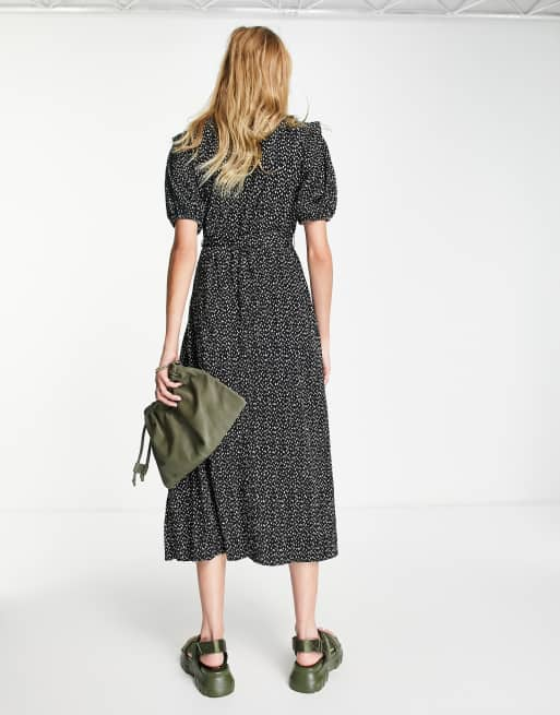 River Island polka dot plisse tie waist midi dress in black